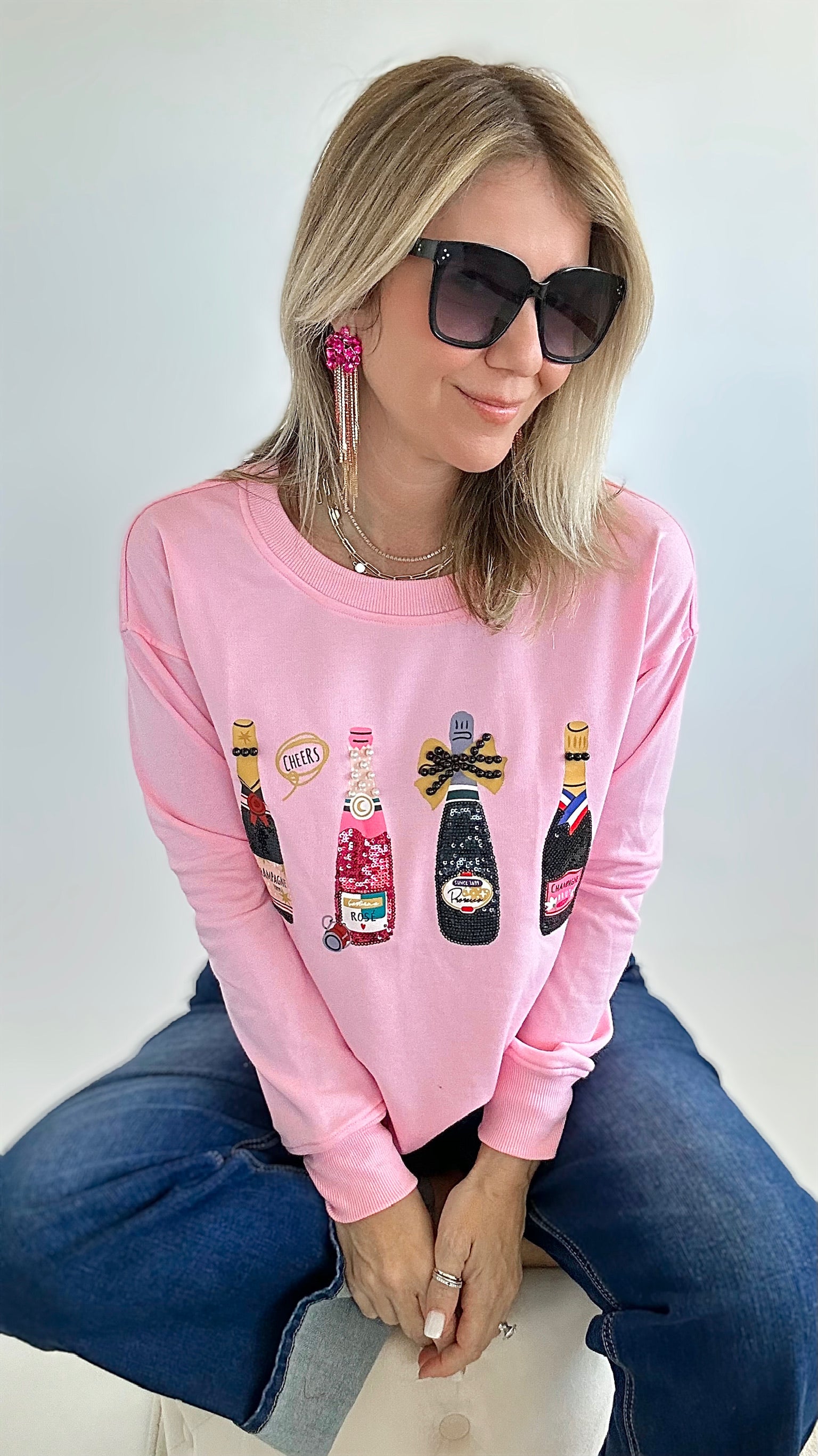 Champagne Obsessed Sweatshirt - Pink-130 Long Sleeve Tops-Why Dress-Coastal Bloom Boutique, find the trendiest versions of the popular styles and looks Located in Indialantic, FL