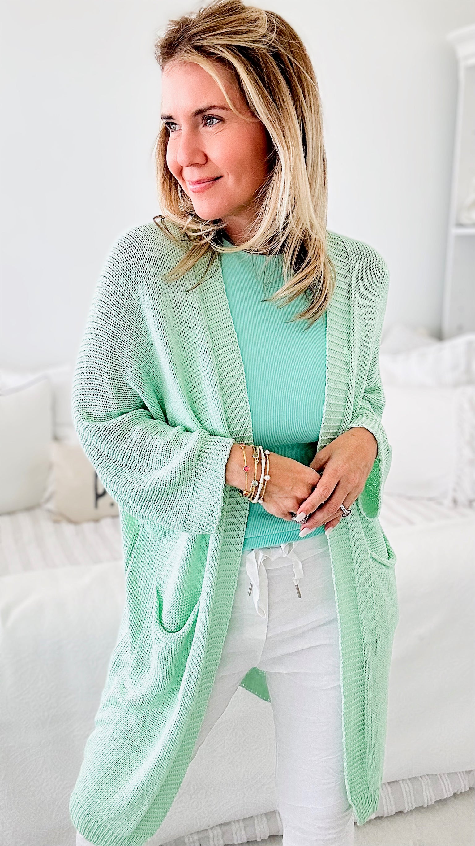 Marseille Light Weight Long Italian Cardigan- Mint-150 Cardigans/Layers-Germany-Coastal Bloom Boutique, find the trendiest versions of the popular styles and looks Located in Indialantic, FL