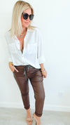 City Lights Faux Leather Italian Jogger - Brown-180 Joggers-Italianissimo/ SEE YOU IN ROME-Coastal Bloom Boutique, find the trendiest versions of the popular styles and looks Located in Indialantic, FL