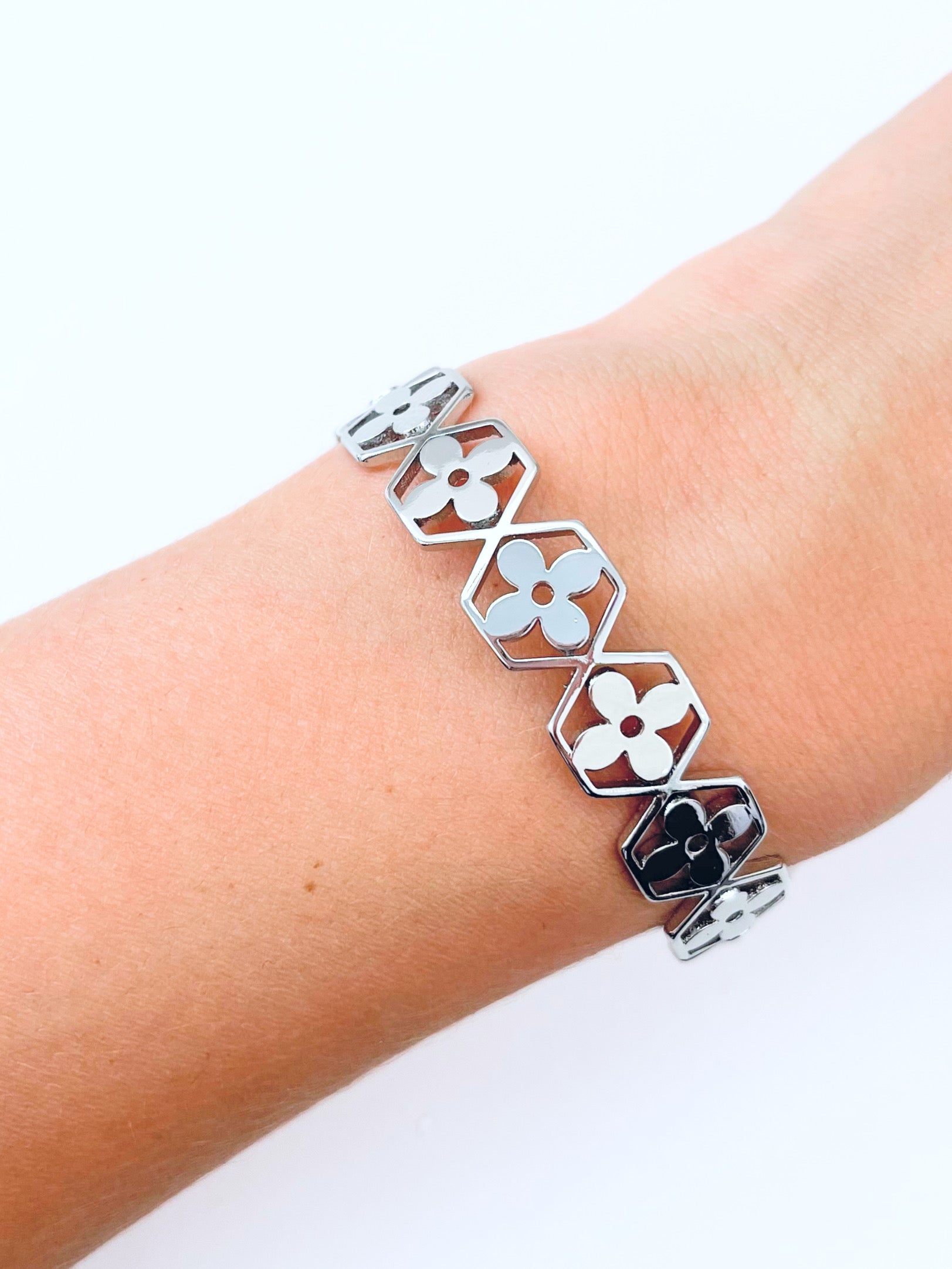 Hexagon Flower Cuff Bracelet - Silver-230 Jewelry-Golden Stella-Coastal Bloom Boutique, find the trendiest versions of the popular styles and looks Located in Indialantic, FL