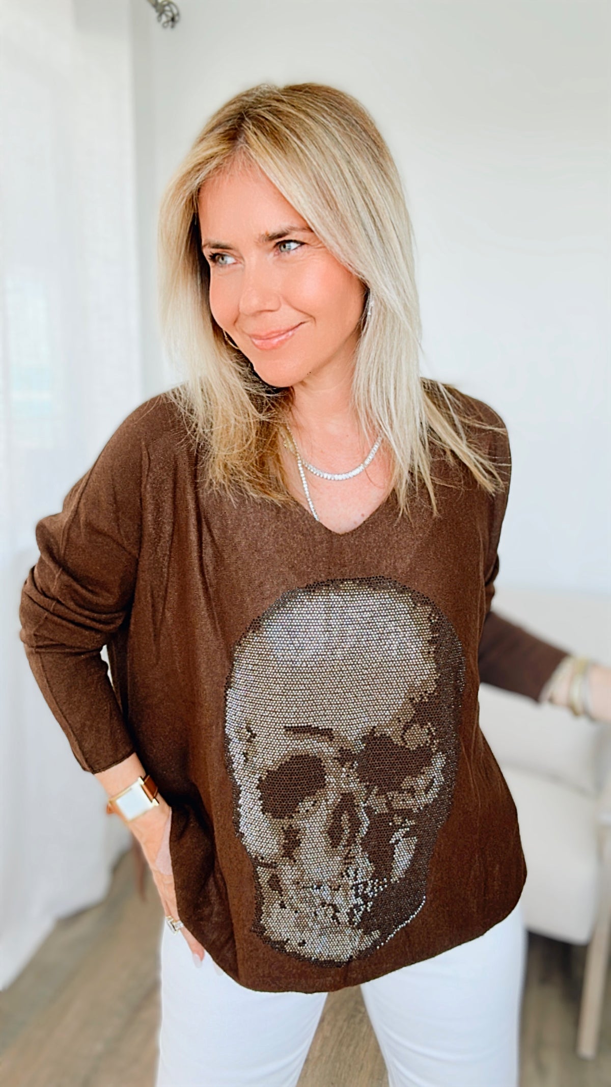Italian Cz Skull V-Neck Knit Top - Chocolate-130 Long Sleeve Tops-Venti6-Coastal Bloom Boutique, find the trendiest versions of the popular styles and looks Located in Indialantic, FL