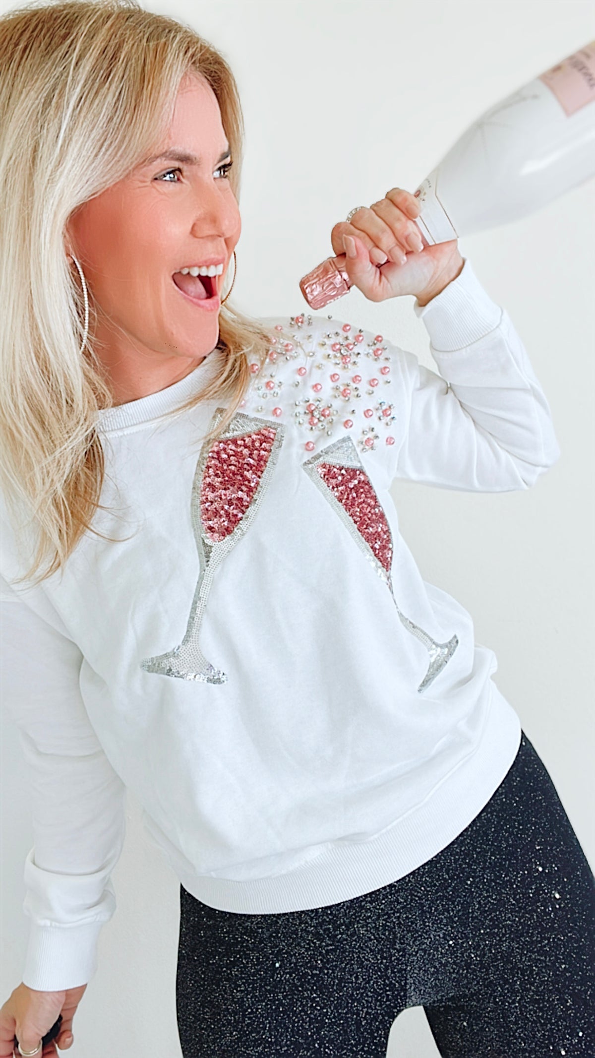 Sequin Champagne Sweatshirt - White-130 Long Sleeve Tops-Why Dress-Coastal Bloom Boutique, find the trendiest versions of the popular styles and looks Located in Indialantic, FL