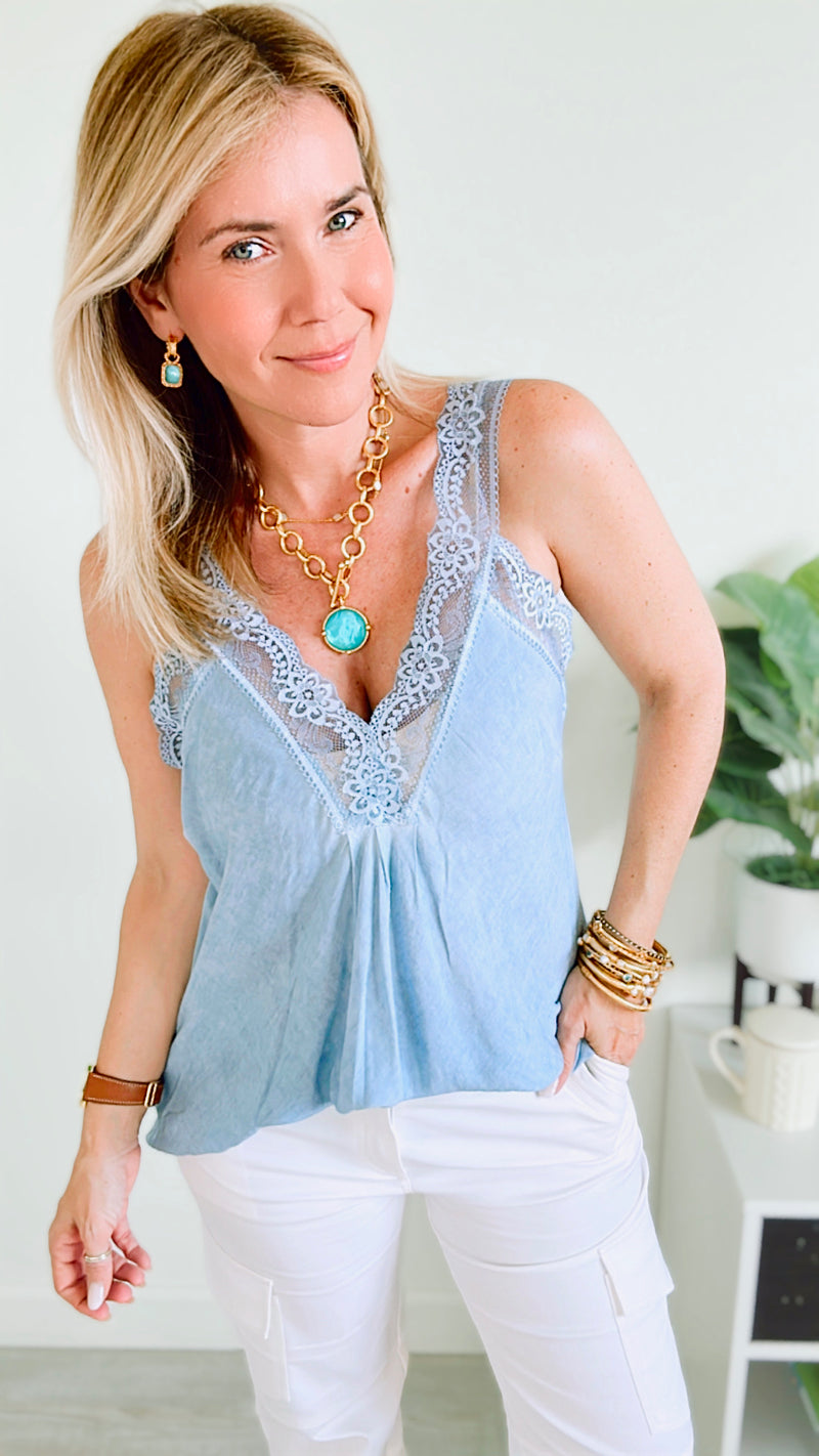 Italian Elegant Lace Trim Cami - Dusty Blue-100 Sleeveless Tops-Italianissimo-Coastal Bloom Boutique, find the trendiest versions of the popular styles and looks Located in Indialantic, FL