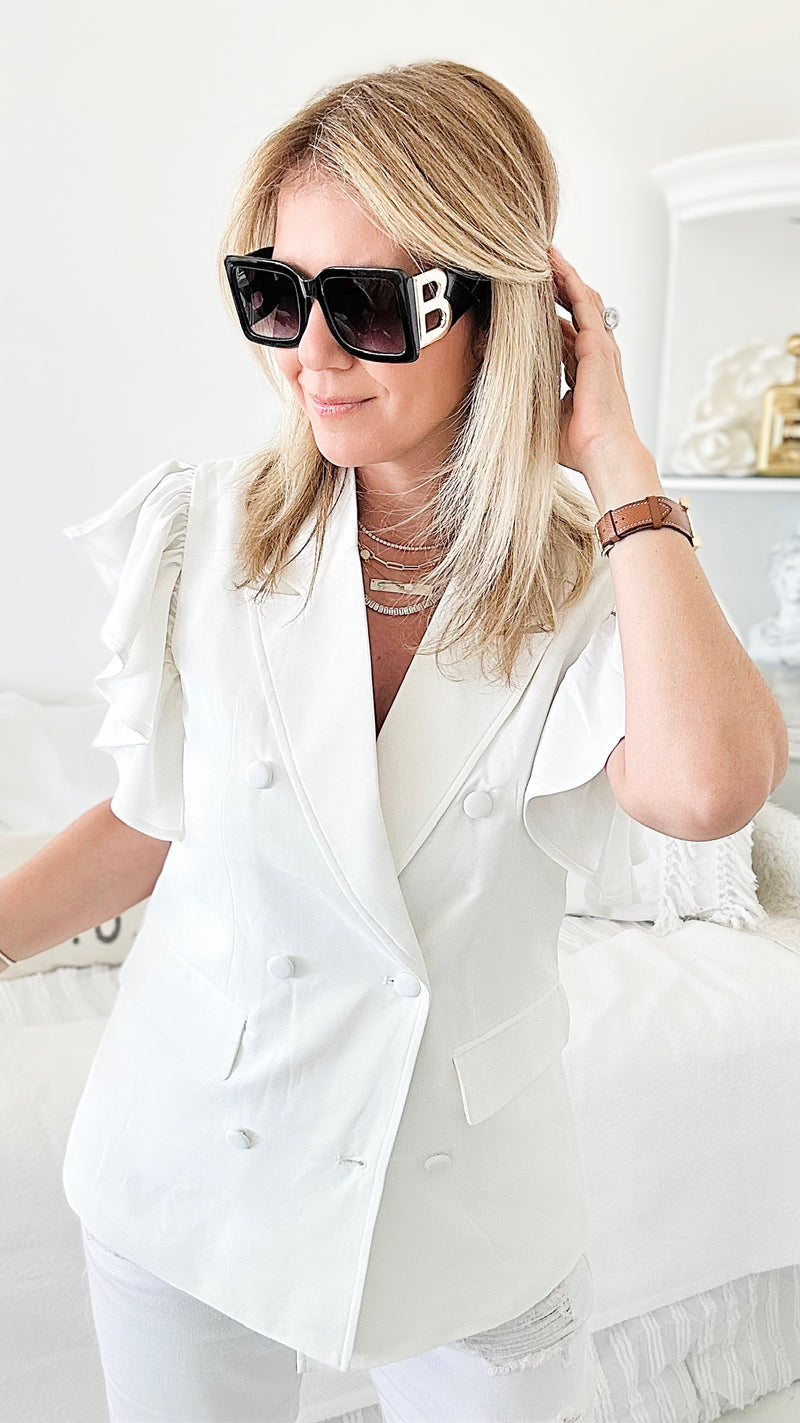 Ruffle Sleeve Blazer - Off White-160 Jackets-MAZIK-Coastal Bloom Boutique, find the trendiest versions of the popular styles and looks Located in Indialantic, FL
