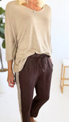Gold Sequin Linen Drawstring Italian Pant - Chocolate Brown-100 Pants-V6-Coastal Bloom Boutique, find the trendiest versions of the popular styles and looks Located in Indialantic, FL