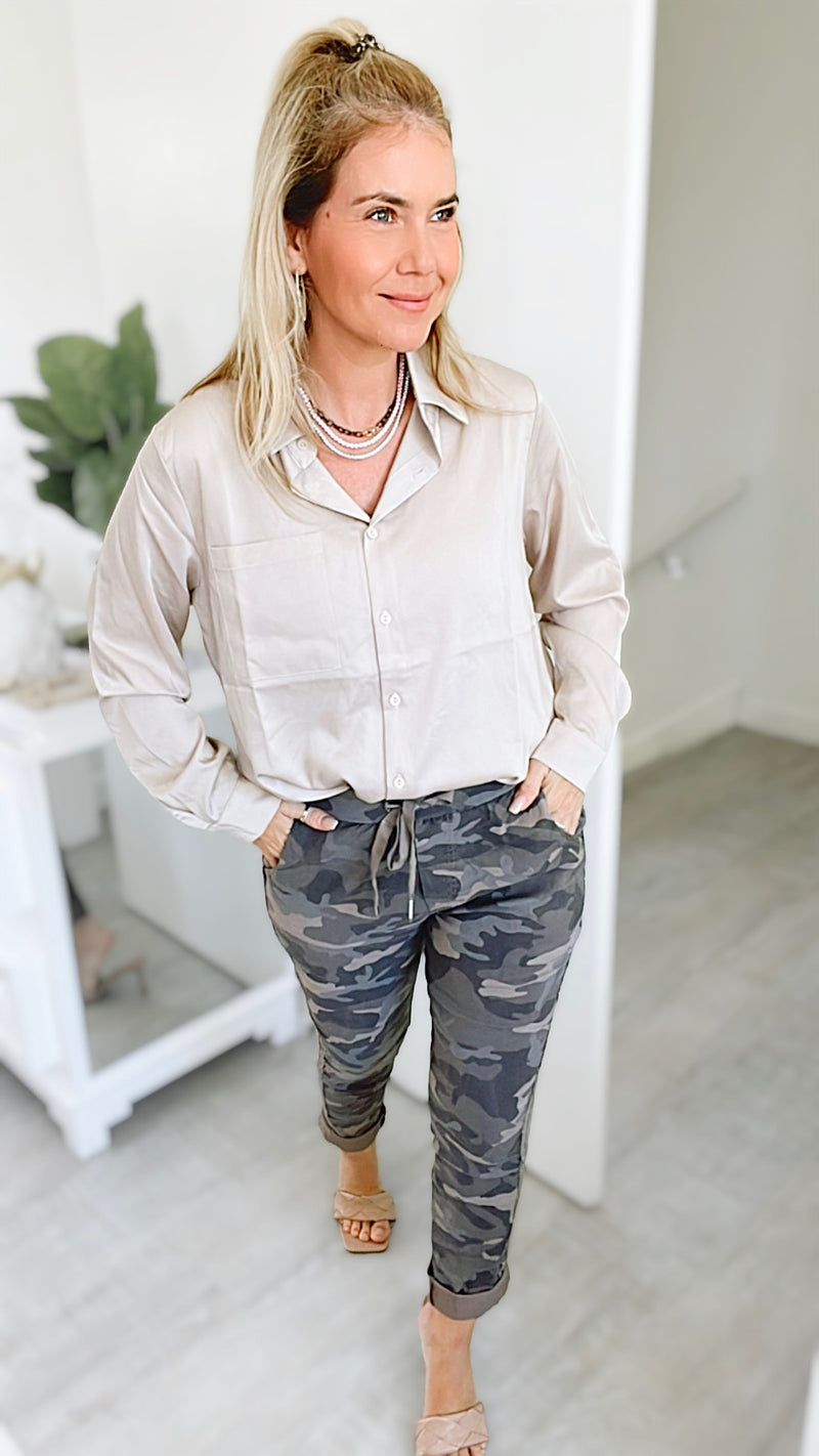 Italian Camo Silver Trim Pants - Taupe-170 Bottoms-moda italia-Coastal Bloom Boutique, find the trendiest versions of the popular styles and looks Located in Indialantic, FL