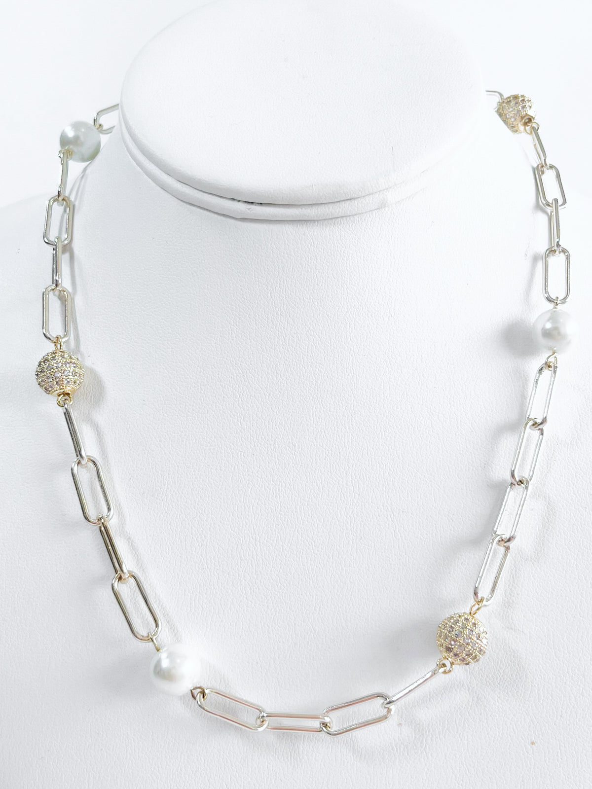 Paper Clip Pearl & CZ Ball Necklace-230 Jewelry-NYC-Coastal Bloom Boutique, find the trendiest versions of the popular styles and looks Located in Indialantic, FL