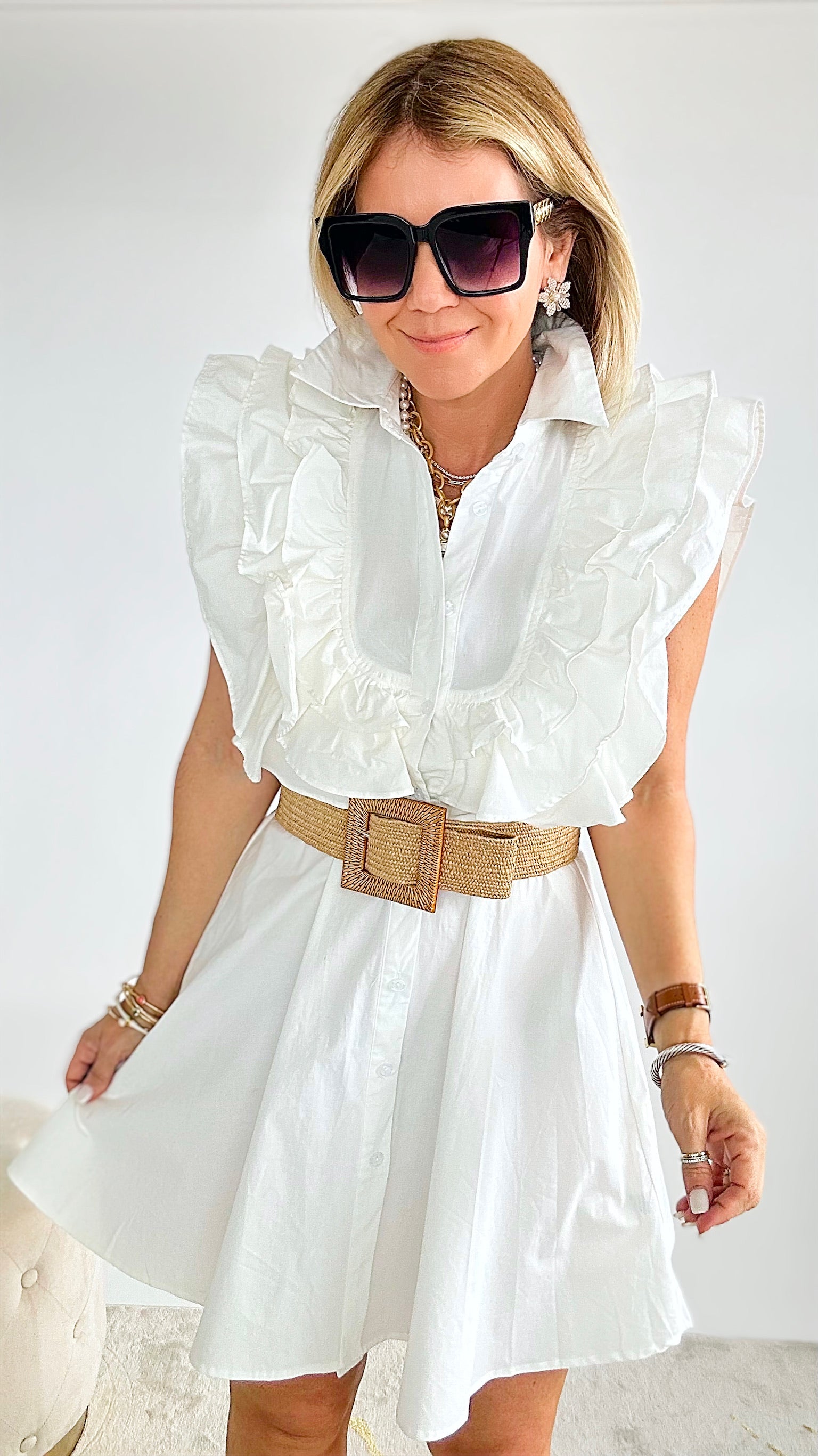 Tuscany Ruffle Belted Mini Dress - White-200 Dresses/Jumpsuits/Rompers-pastel design-Coastal Bloom Boutique, find the trendiest versions of the popular styles and looks Located in Indialantic, FL