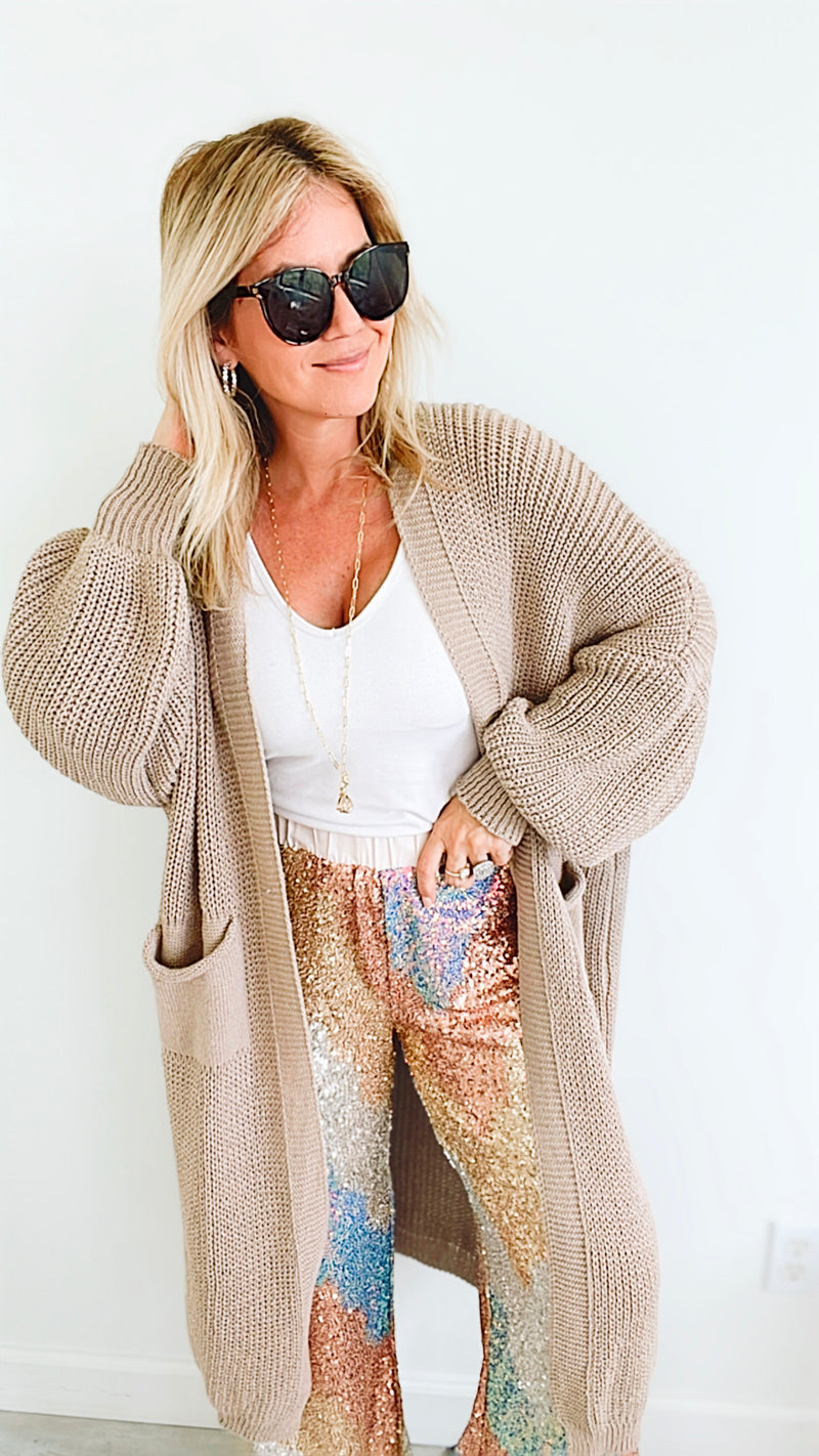 Sugar High Long Italian Cardigan - Taupe-150 Cardigans/Layers-Italianissimo-Coastal Bloom Boutique, find the trendiest versions of the popular styles and looks Located in Indialantic, FL