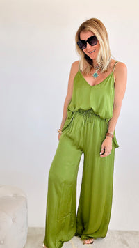 Silky Fringe Italian Palazzo Pants - Apple Green-170 Bottoms-Tempo-Coastal Bloom Boutique, find the trendiest versions of the popular styles and looks Located in Indialantic, FL