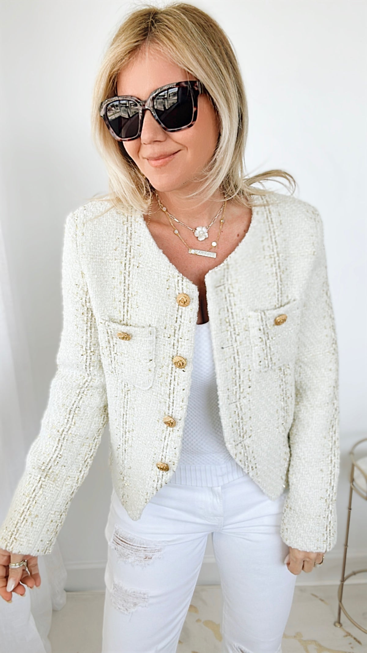 Gold Stripe Tweed Blazer - White-160 Jackets-Helen's Heart-Coastal Bloom Boutique, find the trendiest versions of the popular styles and looks Located in Indialantic, FL