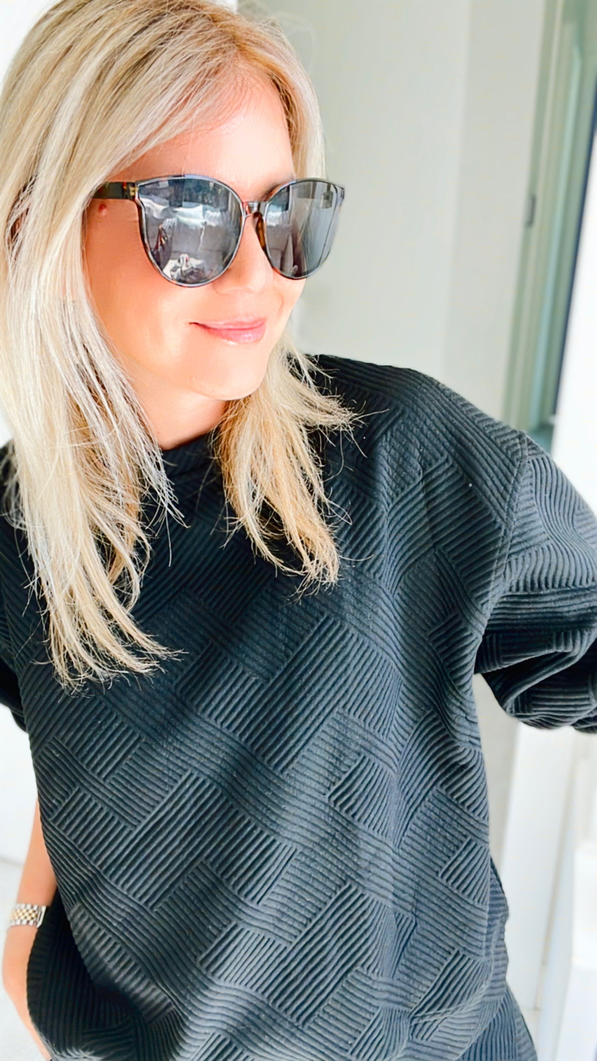 Taylor Textured Sweatshirt - Black-130 Long Sleeve Tops-See and Be Seen-Coastal Bloom Boutique, find the trendiest versions of the popular styles and looks Located in Indialantic, FL