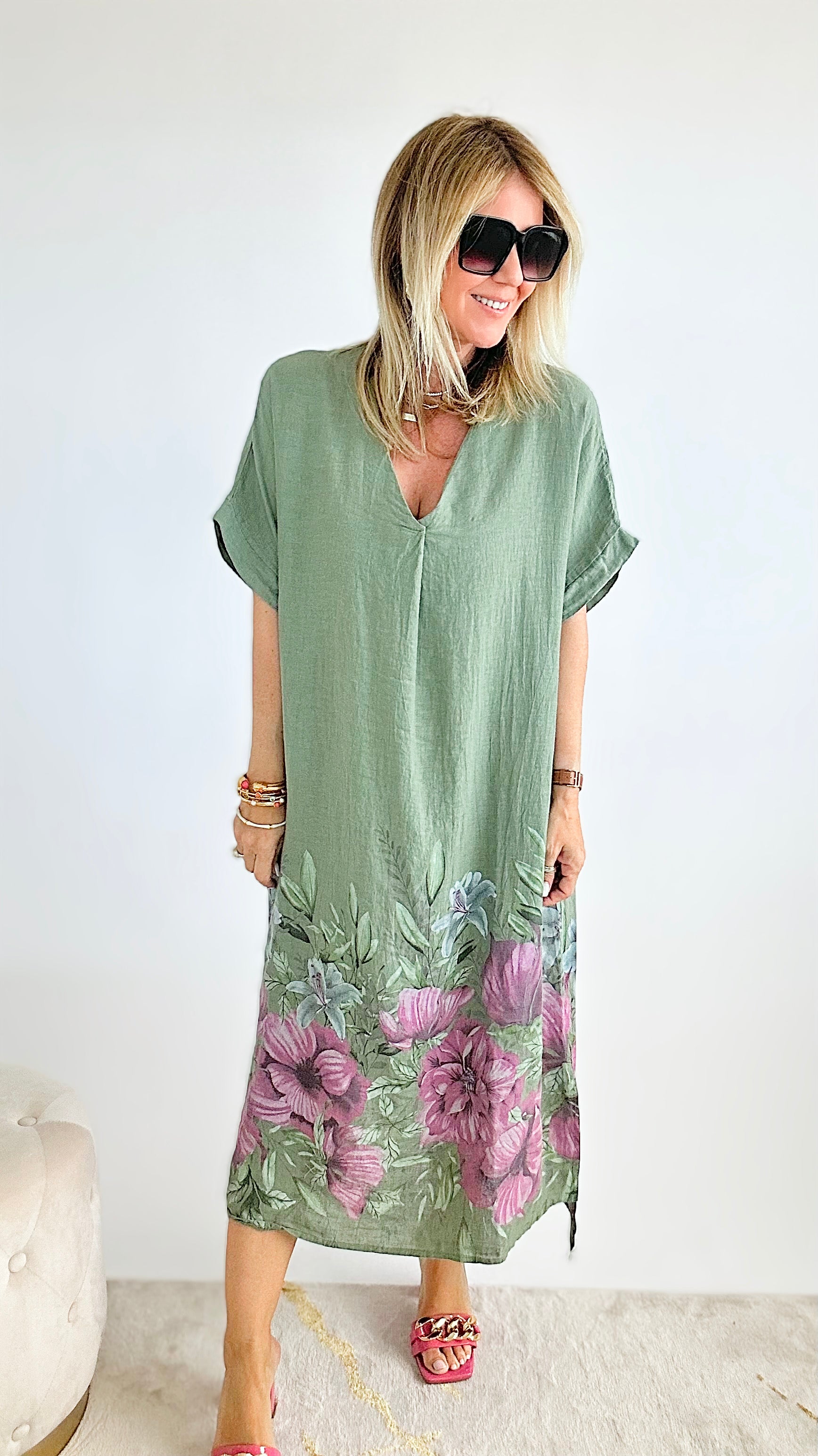 Market Floral Linen Tunic Italian Dress - Sage-200 Dresses/Jumpsuits/Rompers-Yolly-Coastal Bloom Boutique, find the trendiest versions of the popular styles and looks Located in Indialantic, FL