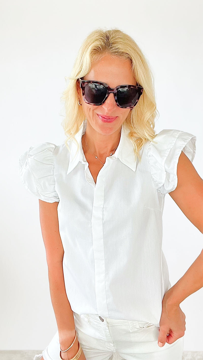Ruffle Trim Button Front Shirt - White-100 Sleeveless Tops-Darling-Coastal Bloom Boutique, find the trendiest versions of the popular styles and looks Located in Indialantic, FL