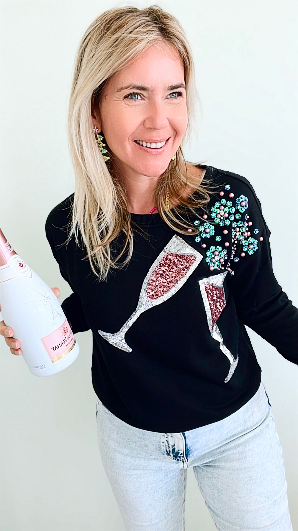 Sequin Champagne Sweatshirt - Black-130 Long Sleeve Tops-Why Dress-Coastal Bloom Boutique, find the trendiest versions of the popular styles and looks Located in Indialantic, FL