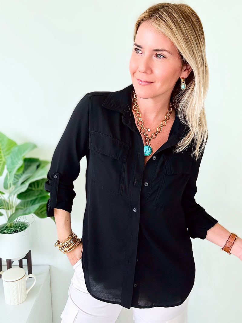 Relaxed Button Down Top - Black-130 Long Sleeve Tops-Love Tree Fashion-Coastal Bloom Boutique, find the trendiest versions of the popular styles and looks Located in Indialantic, FL