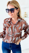 Wild Printed Button Down Blouse - Mocha-130 Long Sleeve Tops-MAZIK-Coastal Bloom Boutique, find the trendiest versions of the popular styles and looks Located in Indialantic, FL