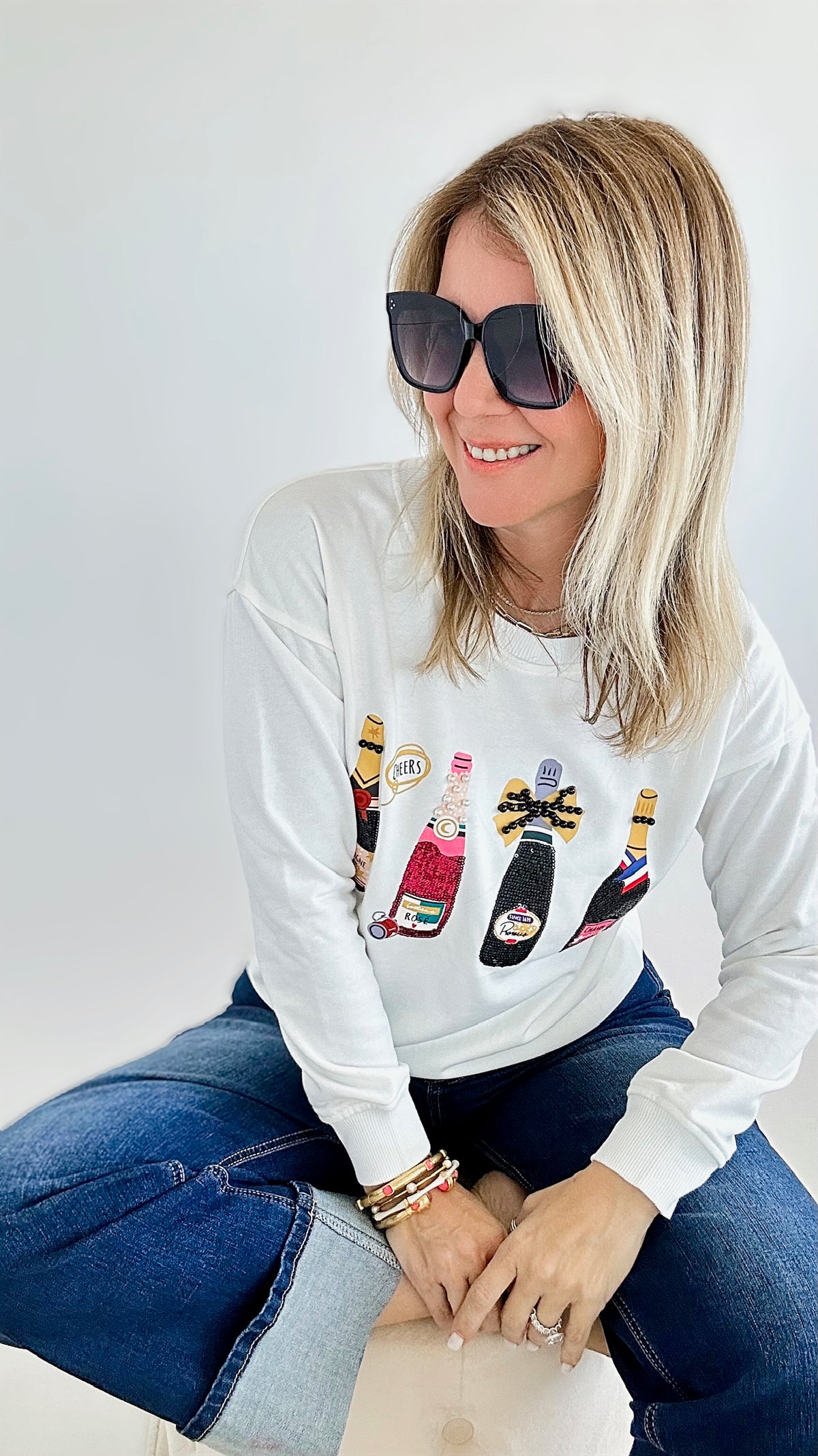 Champagne Obsessed Sweatshirt - White-130 Long Sleeve Tops-Why Dress-Coastal Bloom Boutique, find the trendiest versions of the popular styles and looks Located in Indialantic, FL