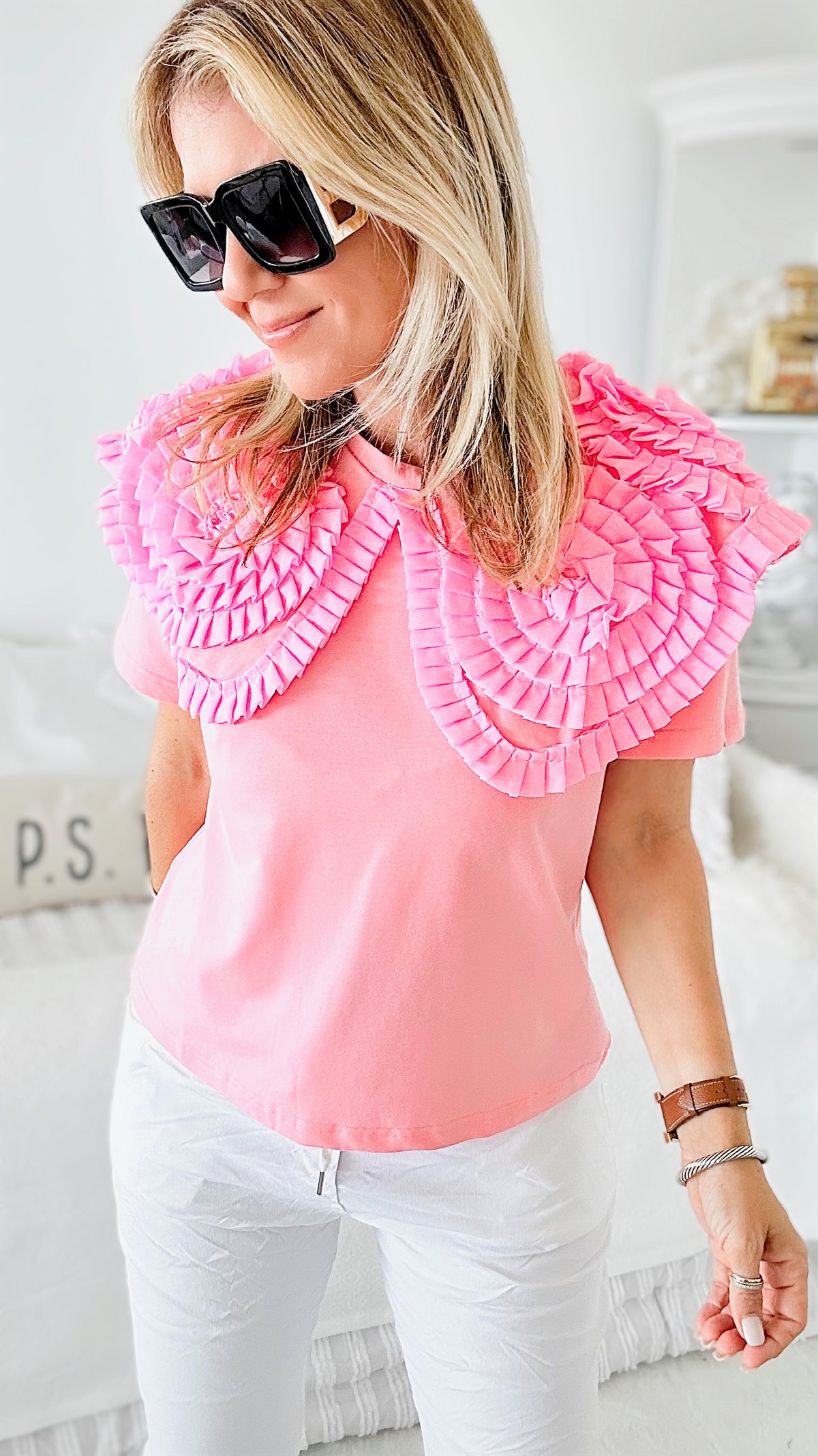 Ruffled Gardenia Top - Pink-130 Long Sleeve Tops-JJ'S FAIRYLAND-Coastal Bloom Boutique, find the trendiest versions of the popular styles and looks Located in Indialantic, FL