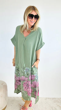 Market Floral Linen Tunic Italian Dress - Sage-200 Dresses/Jumpsuits/Rompers-Yolly-Coastal Bloom Boutique, find the trendiest versions of the popular styles and looks Located in Indialantic, FL