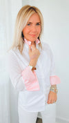 Poplin Ribbon Top - White Blush-130 Long Sleeve Tops-Pearly Vine-Coastal Bloom Boutique, find the trendiest versions of the popular styles and looks Located in Indialantic, FL
