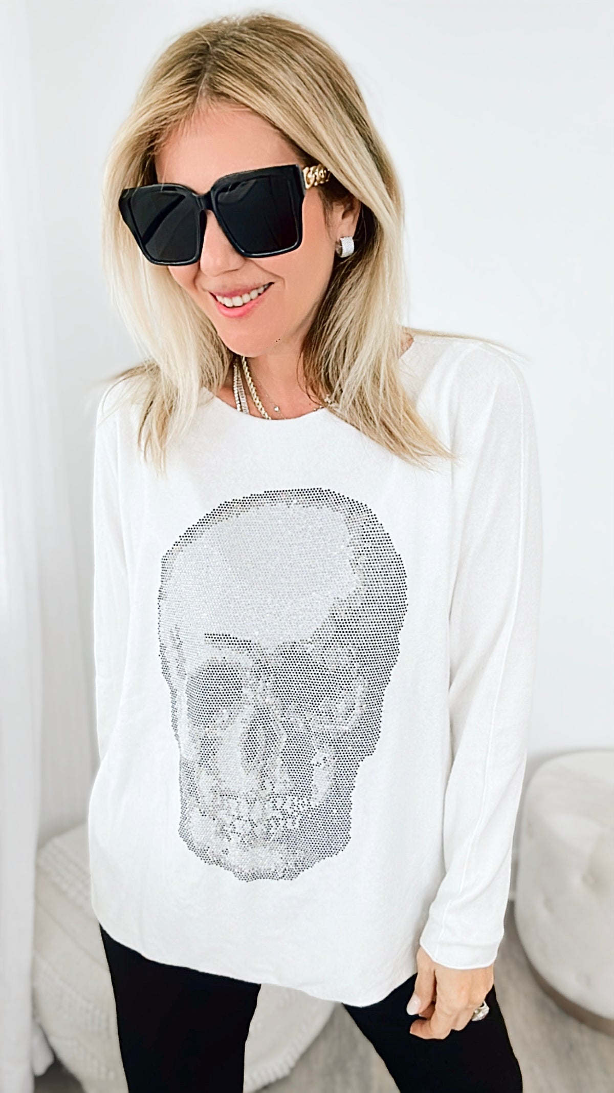 Italian Boatneck Skull Sweater Top - White-140 Sweaters-Venti6-Coastal Bloom Boutique, find the trendiest versions of the popular styles and looks Located in Indialantic, FL
