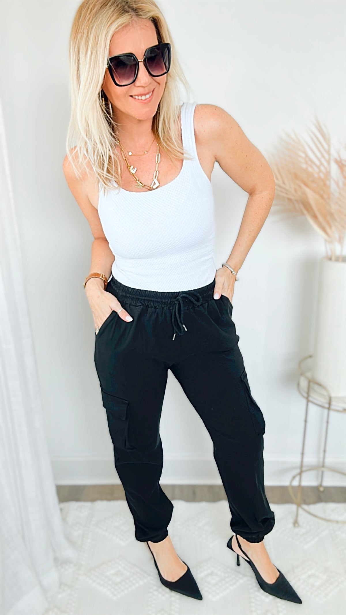 Ruched Band Italian Cargo Joggers - Black-170 Bottoms-Italianissimo-Coastal Bloom Boutique, find the trendiest versions of the popular styles and looks Located in Indialantic, FL
