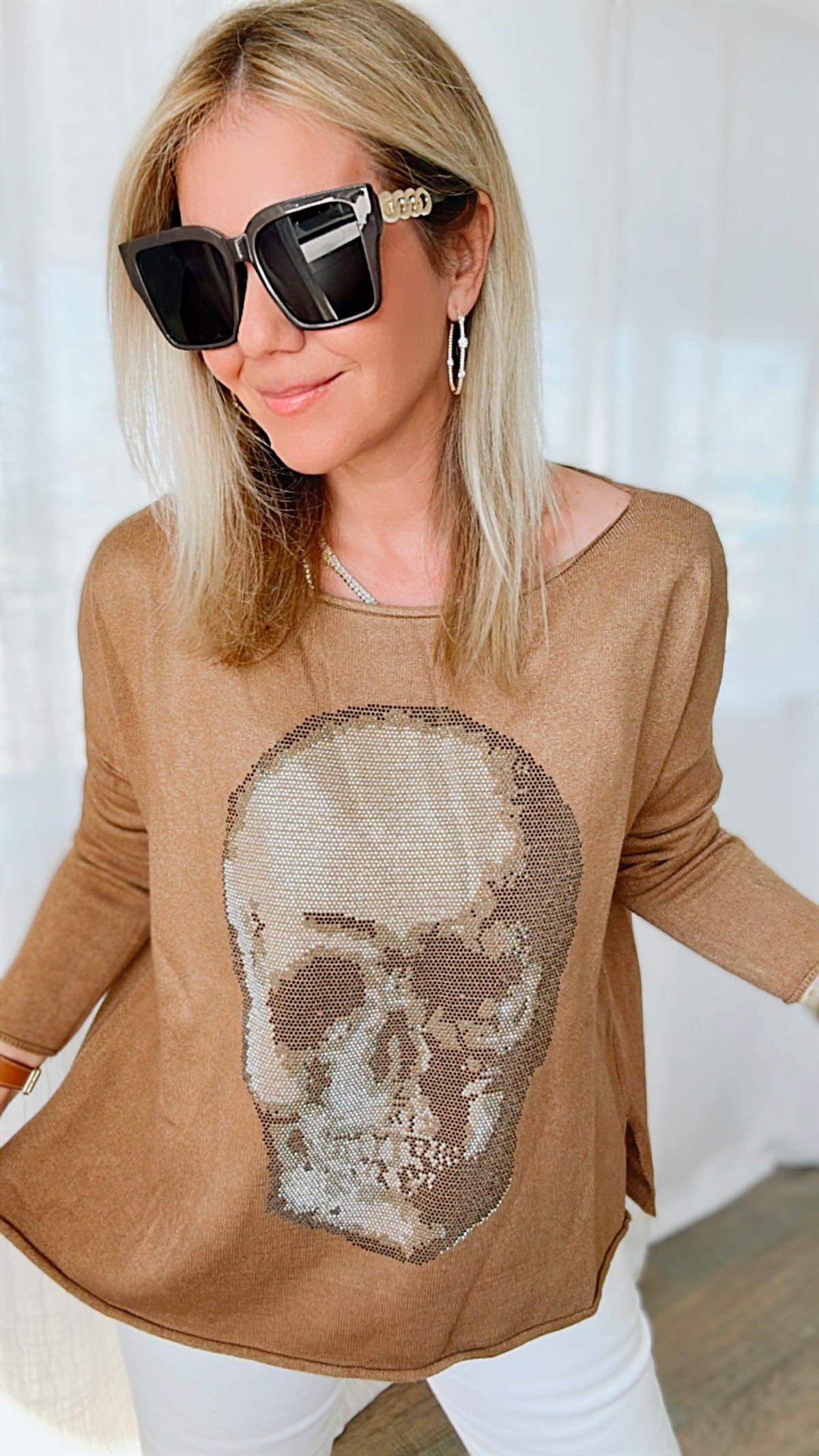 Italian Boatneck Skull Sweater Top - Camel-140 Sweaters-Venti6-Coastal Bloom Boutique, find the trendiest versions of the popular styles and looks Located in Indialantic, FL