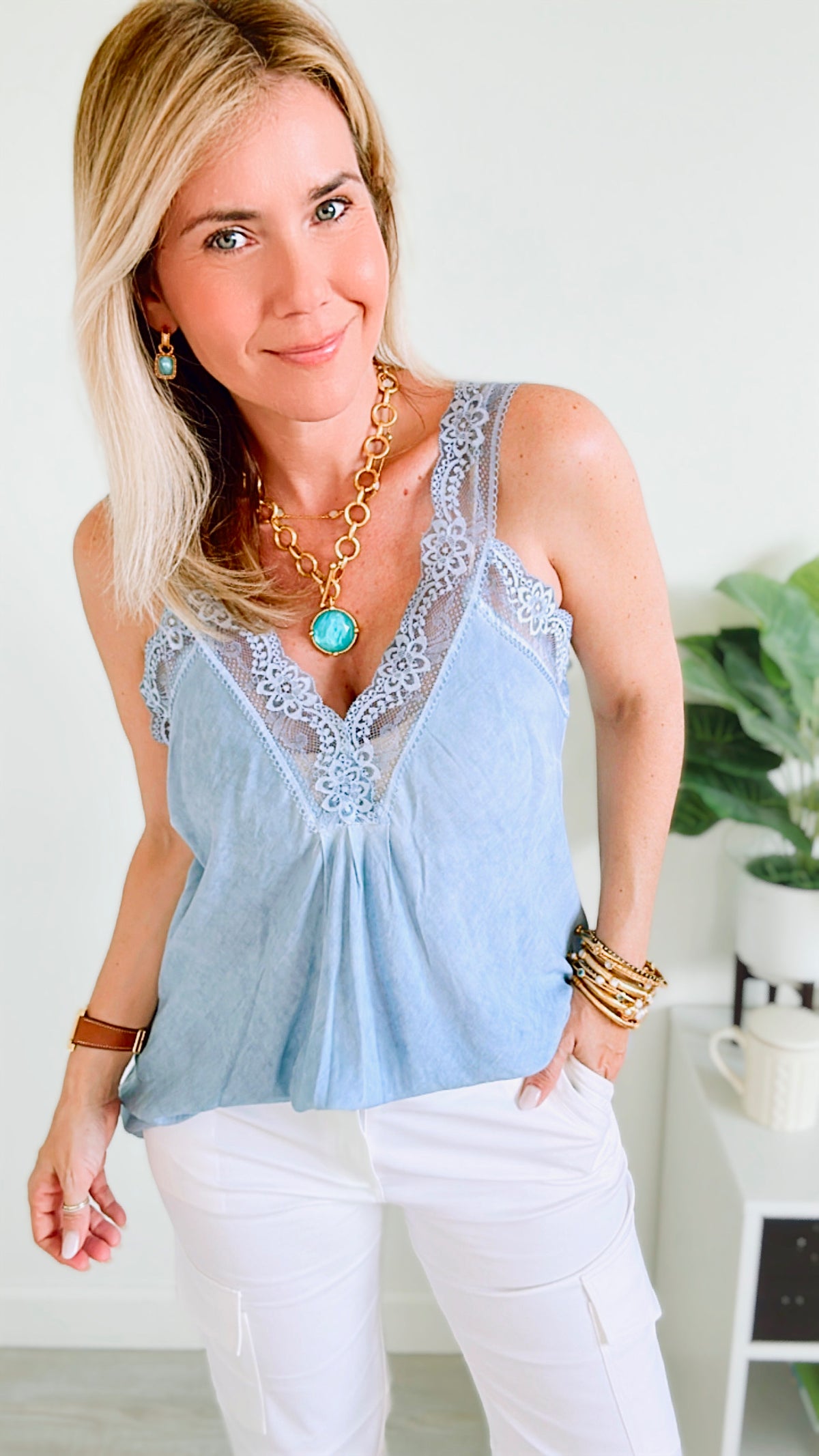 Italian Elegant Lace Trim Cami - Dusty Blue-100 Sleeveless Tops-Italianissimo-Coastal Bloom Boutique, find the trendiest versions of the popular styles and looks Located in Indialantic, FL