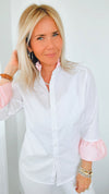 Poplin Ribbon Top - White Blush-130 Long Sleeve Tops-Pearly Vine-Coastal Bloom Boutique, find the trendiest versions of the popular styles and looks Located in Indialantic, FL