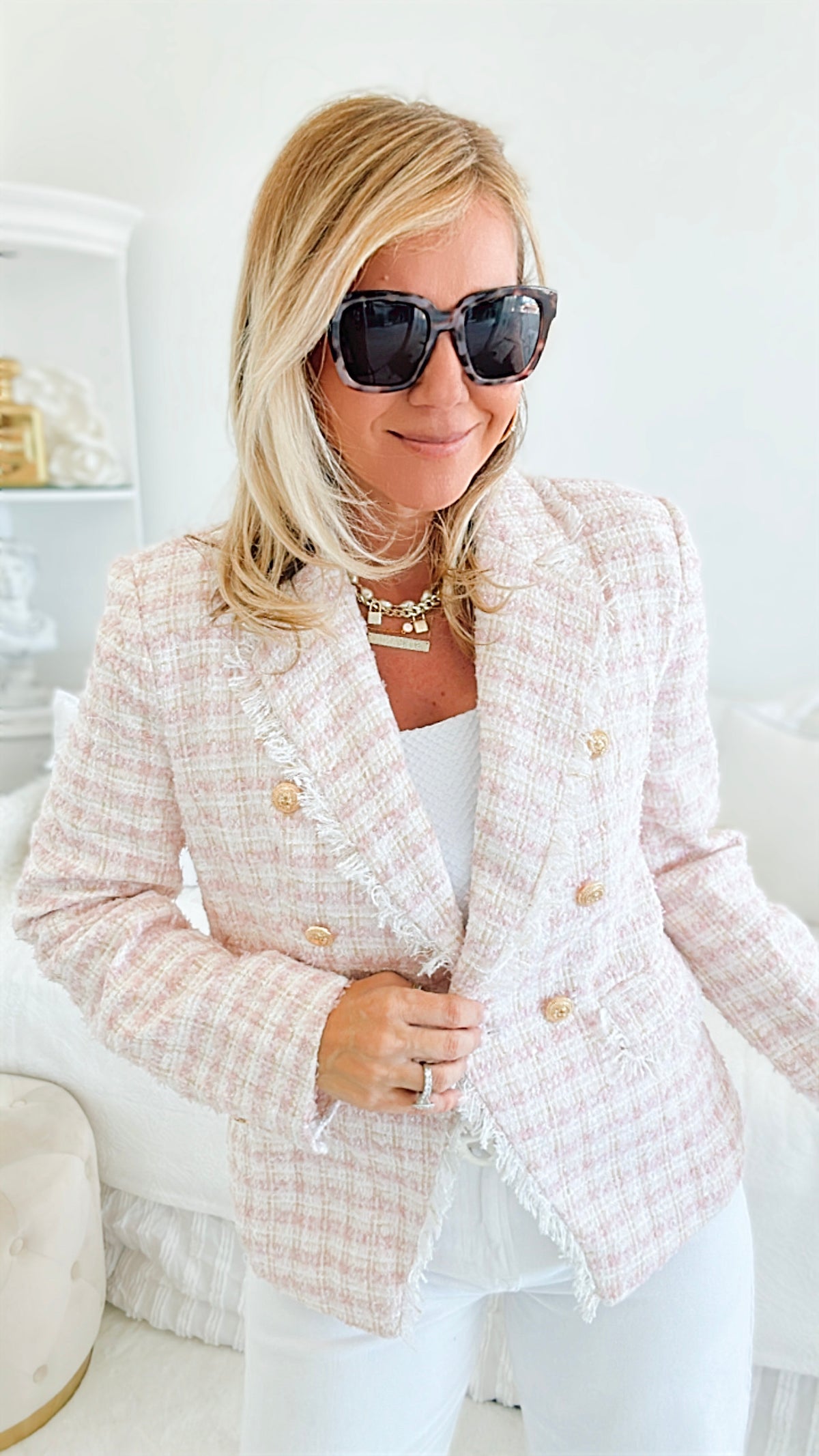 Trouville Premium Double Breasted Tweed Blazer-160 Jackets-MABLE-Coastal Bloom Boutique, find the trendiest versions of the popular styles and looks Located in Indialantic, FL