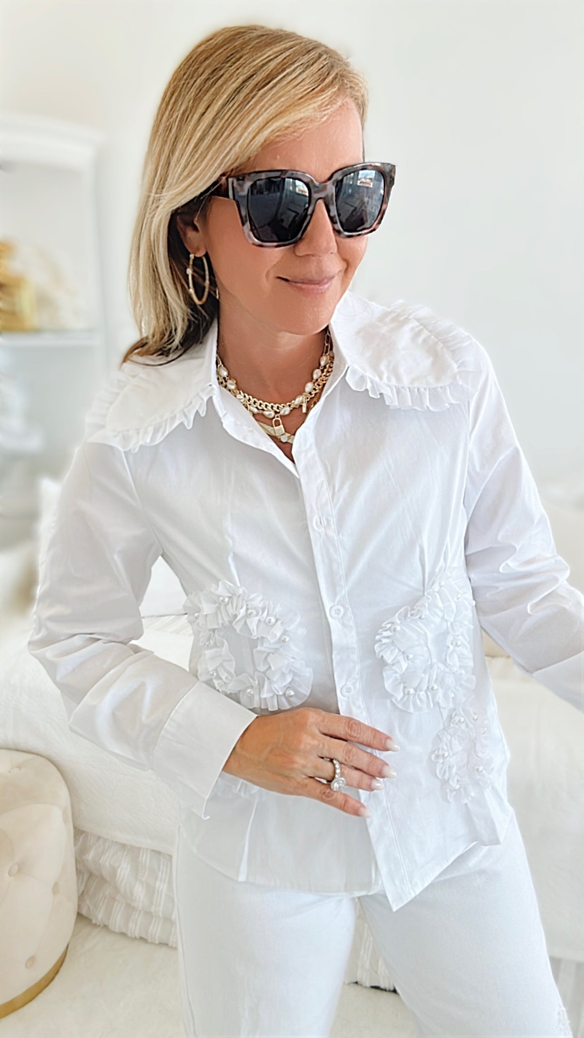 Ruffled Embroidery & Pearls Button Down Top-130 Long Sleeve Tops-JJ'S FAIRYLAND-Coastal Bloom Boutique, find the trendiest versions of the popular styles and looks Located in Indialantic, FL