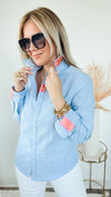 Oxford Ribbon Top - Blue Pink Yellow-130 Long Sleeve Tops-Pearly Vine-Coastal Bloom Boutique, find the trendiest versions of the popular styles and looks Located in Indialantic, FL