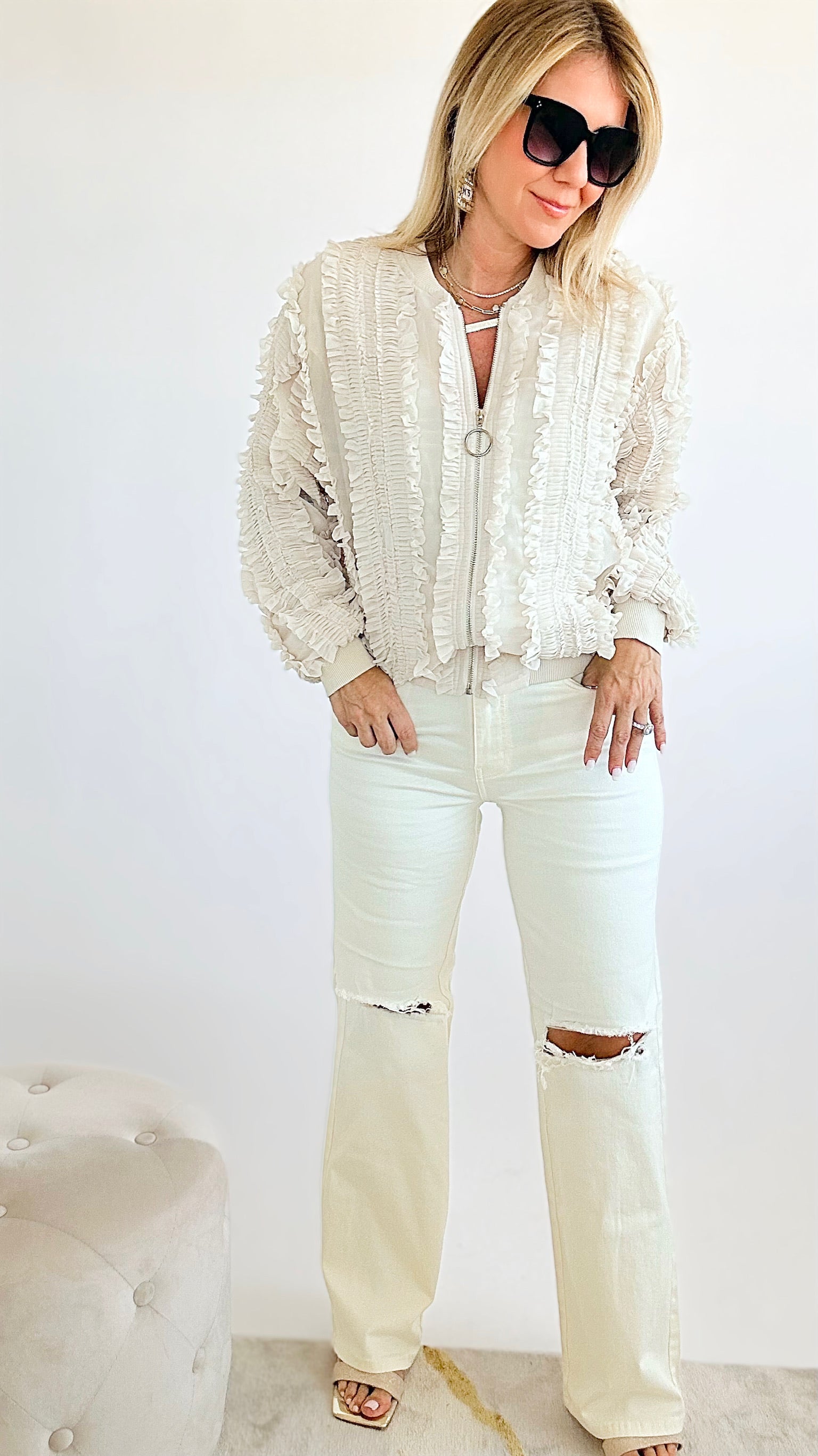 High Waisted Super-Stretch Distressed Wide Leg Jeans - Ivory-190 Denim-DENIM ZONE-Coastal Bloom Boutique, find the trendiest versions of the popular styles and looks Located in Indialantic, FL