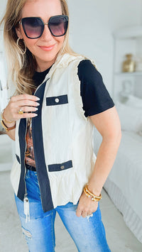 Zip Up hooded Ruffle Edge Vest - Beige-170 Bottoms-JOH APPAREL-Coastal Bloom Boutique, find the trendiest versions of the popular styles and looks Located in Indialantic, FL