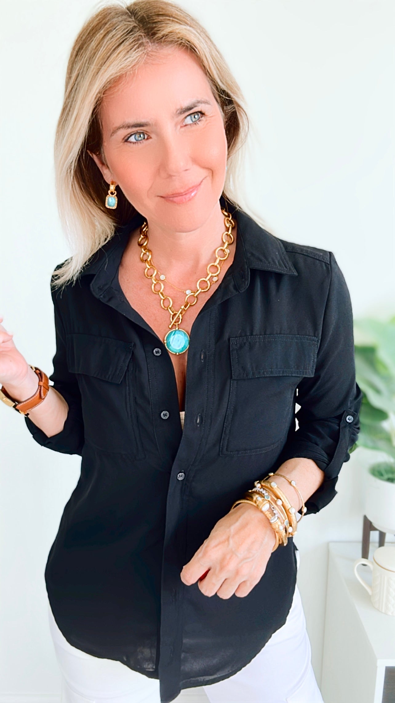 Relaxed Button Down Top - Black-130 Long Sleeve Tops-Love Tree Fashion-Coastal Bloom Boutique, find the trendiest versions of the popular styles and looks Located in Indialantic, FL