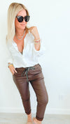 City Lights Faux Leather Italian Jogger - Brown-180 Joggers-Italianissimo/ SEE YOU IN ROME-Coastal Bloom Boutique, find the trendiest versions of the popular styles and looks Located in Indialantic, FL