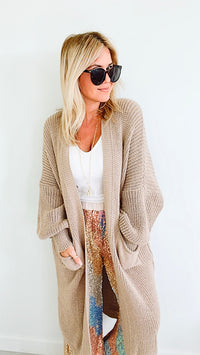 Sugar High Long Italian Cardigan - Taupe-150 Cardigans/Layers-Italianissimo-Coastal Bloom Boutique, find the trendiest versions of the popular styles and looks Located in Indialantic, FL