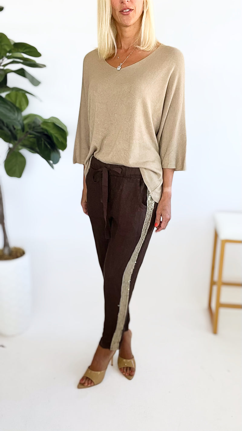 Gold Sequin Linen Drawstring Italian Pant - Chocolate Brown-100 Pants-V6-Coastal Bloom Boutique, find the trendiest versions of the popular styles and looks Located in Indialantic, FL