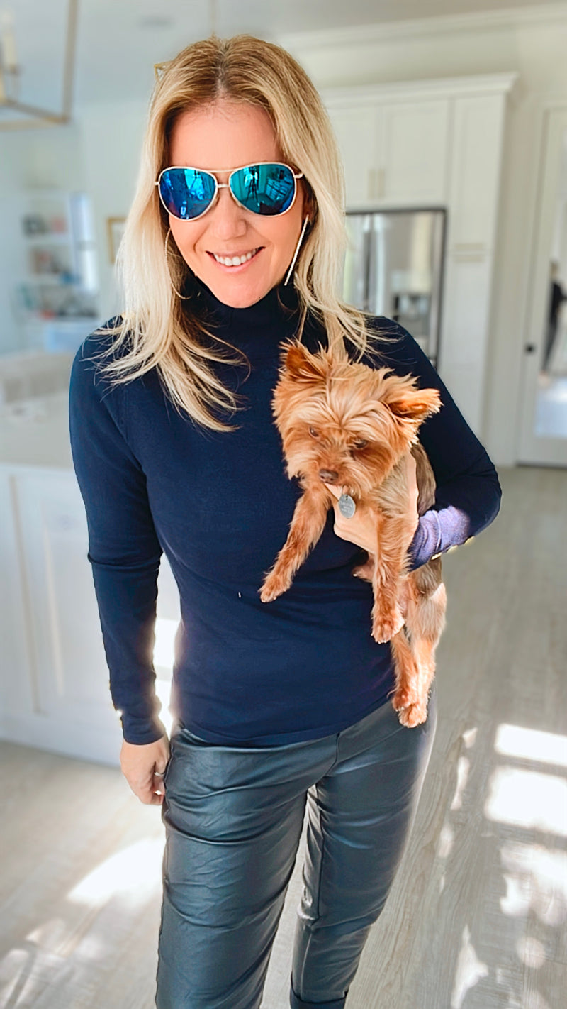 Ribbed Turtle Neck Long Sleeve Top w/ Embellished Shoulder- Navy-130 Long Sleeve Tops-CIELO-Coastal Bloom Boutique, find the trendiest versions of the popular styles and looks Located in Indialantic, FL