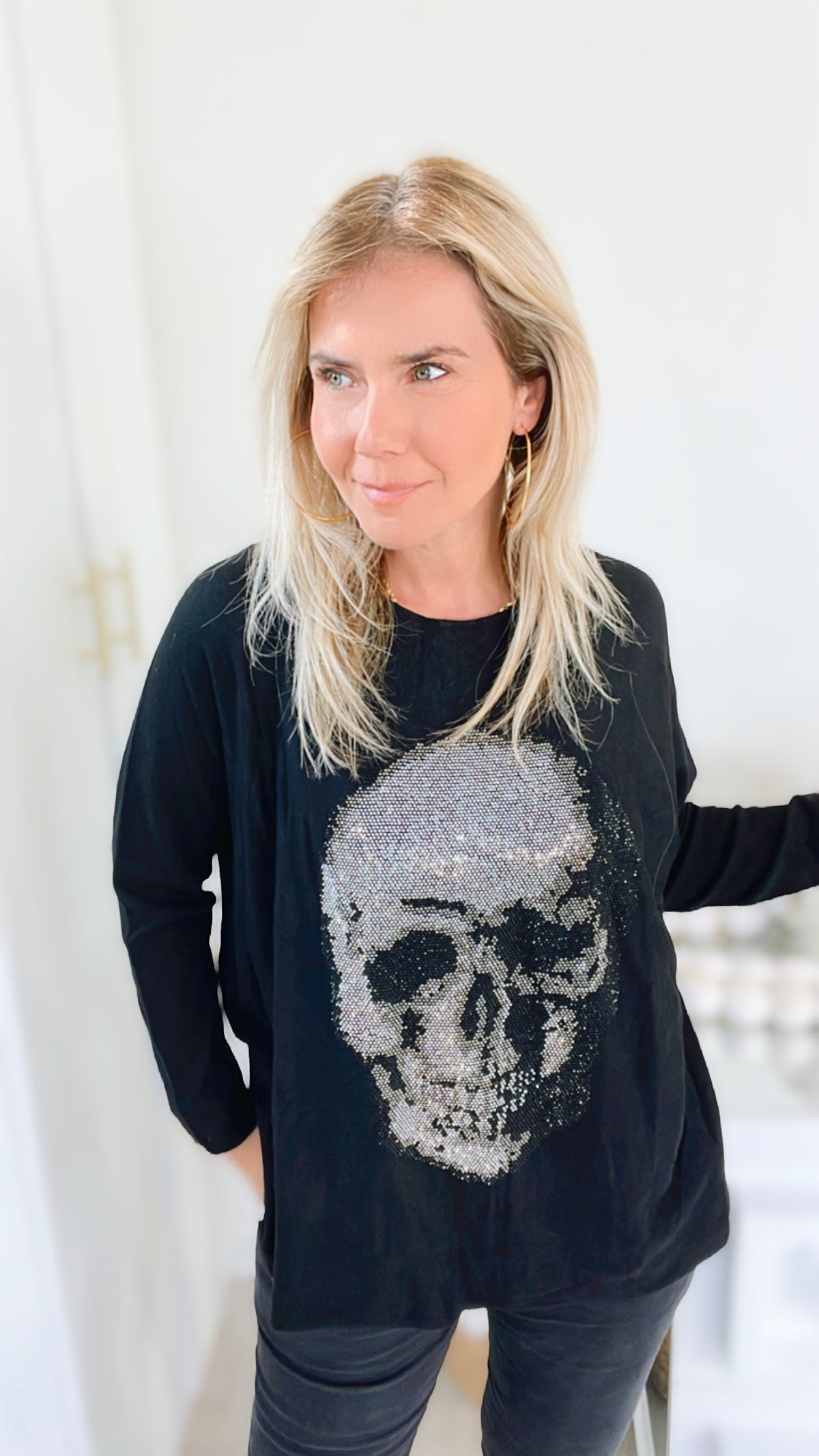 Italian Boatneck Skull Sweater Top - Black-140 Sweaters-Venti6-Coastal Bloom Boutique, find the trendiest versions of the popular styles and looks Located in Indialantic, FL