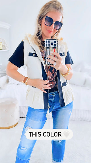 Zip Up hooded Ruffle Edge Vest - Beige-160 Jackets-JOH APPAREL-Coastal Bloom Boutique, find the trendiest versions of the popular styles and looks Located in Indialantic, FL
