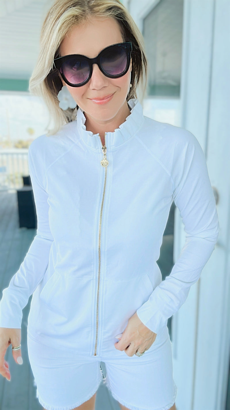Pleated Collar Full Zip Jacket - White-160 Jackets-ARYEH-Coastal Bloom Boutique, find the trendiest versions of the popular styles and looks Located in Indialantic, FL