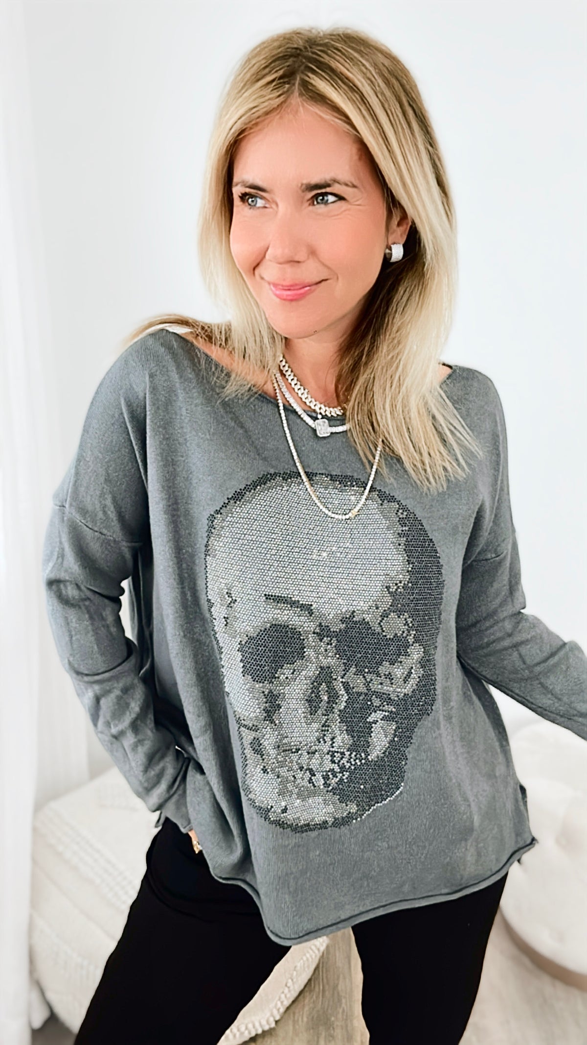 Italian Boatneck Skull Sweater Top - Charcoal Grey-140 Sweaters-Venti6-Coastal Bloom Boutique, find the trendiest versions of the popular styles and looks Located in Indialantic, FL
