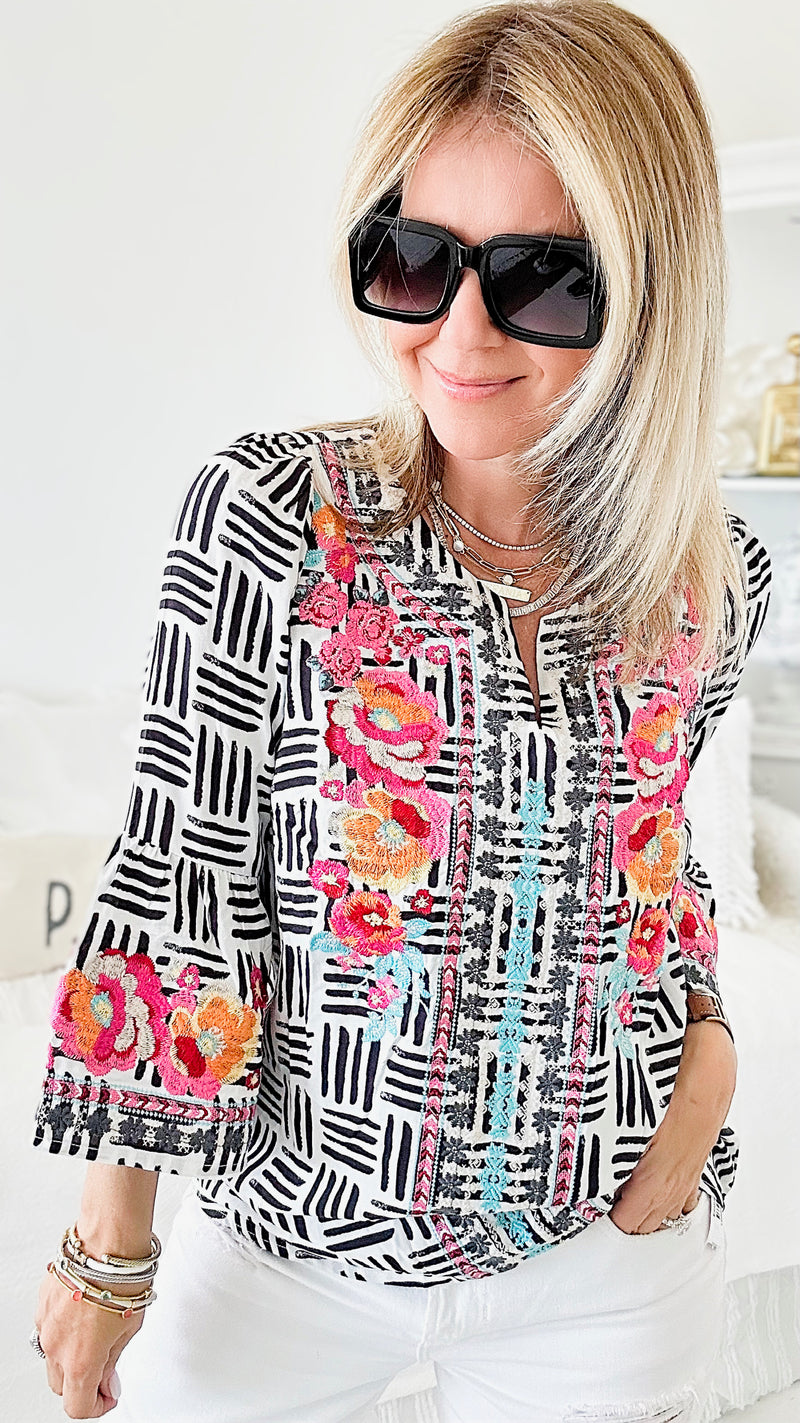 Embroidered Tunic Top-130 Long Sleeve Tops-Andree By Unit-Coastal Bloom Boutique, find the trendiest versions of the popular styles and looks Located in Indialantic, FL