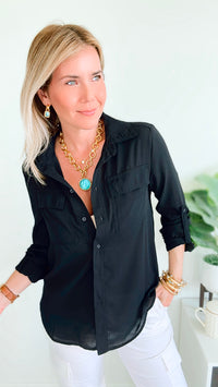 Relaxed Button Down Top - Black-130 Long Sleeve Tops-Love Tree Fashion-Coastal Bloom Boutique, find the trendiest versions of the popular styles and looks Located in Indialantic, FL