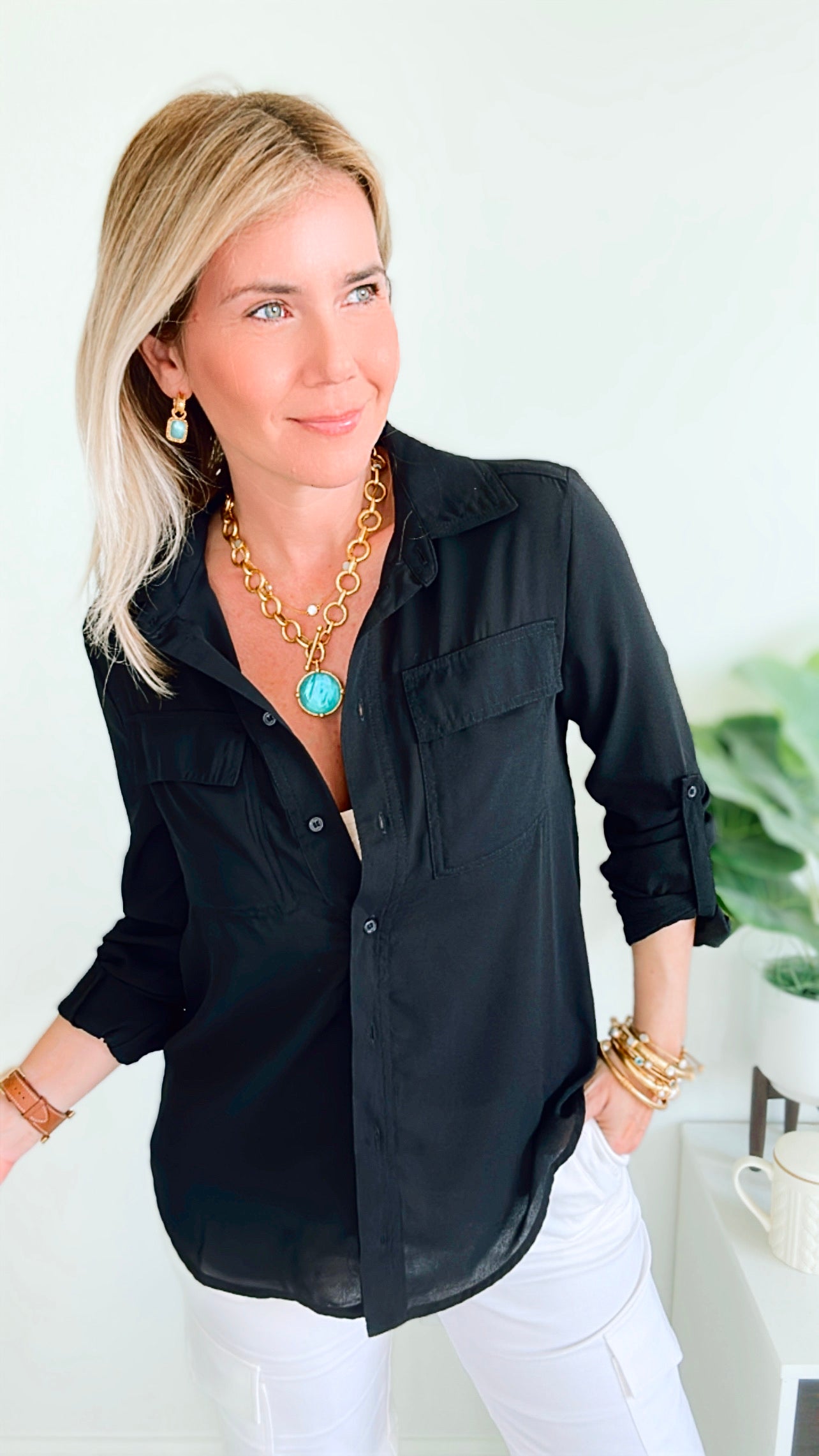 Relaxed Button Down Top - Black-130 Long Sleeve Tops-Love Tree Fashion-Coastal Bloom Boutique, find the trendiest versions of the popular styles and looks Located in Indialantic, FL