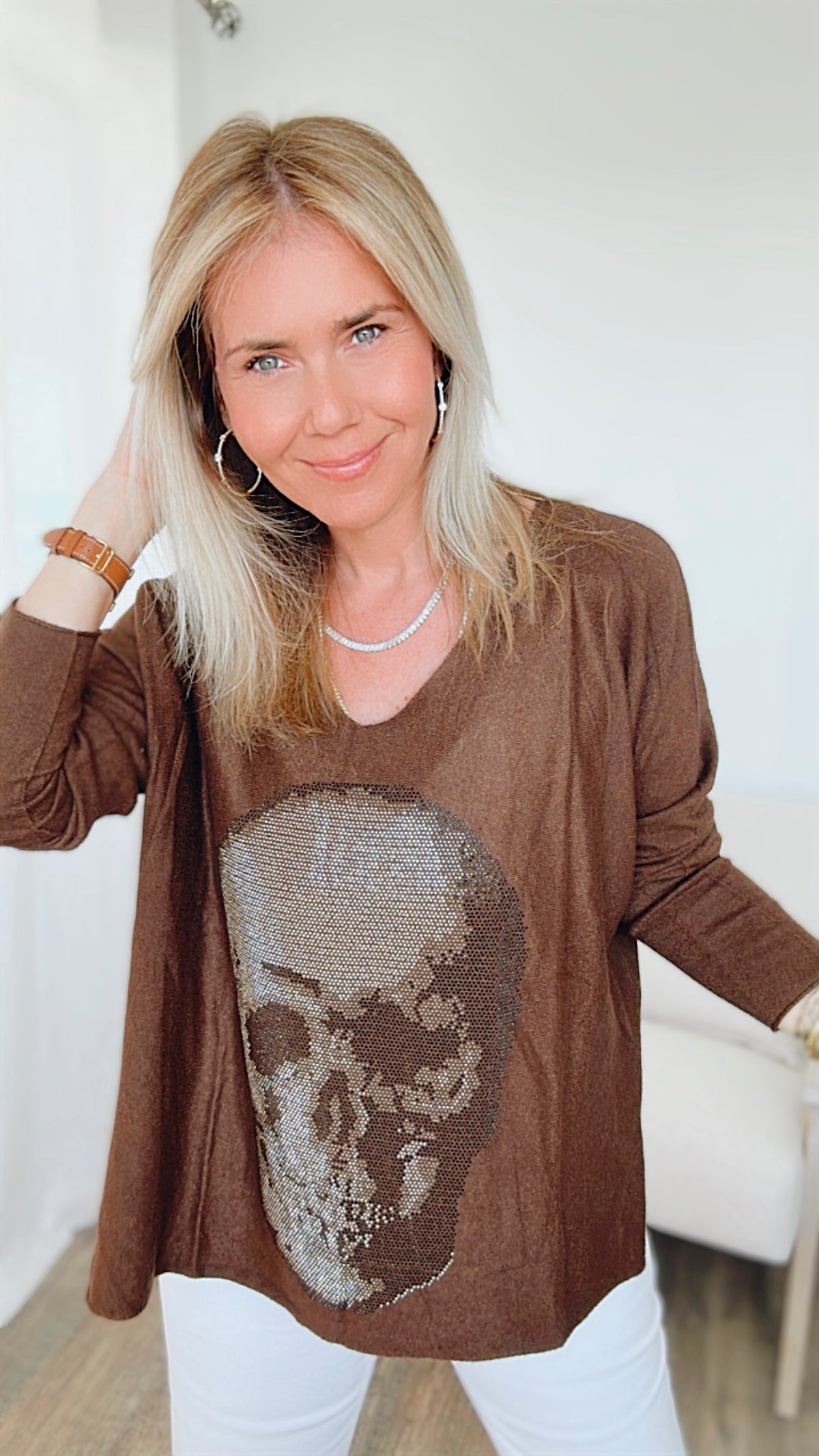 Italian Cz Skull V-Neck Knit Top - Chocolate-130 Long Sleeve Tops-Venti6-Coastal Bloom Boutique, find the trendiest versions of the popular styles and looks Located in Indialantic, FL