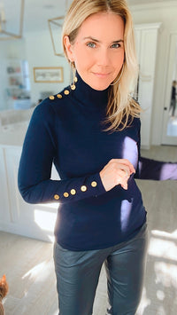 Ribbed Turtle Neck Long Sleeve Top w/ Embellished Shoulder- Navy-130 Long Sleeve Tops-CIELO-Coastal Bloom Boutique, find the trendiest versions of the popular styles and looks Located in Indialantic, FL