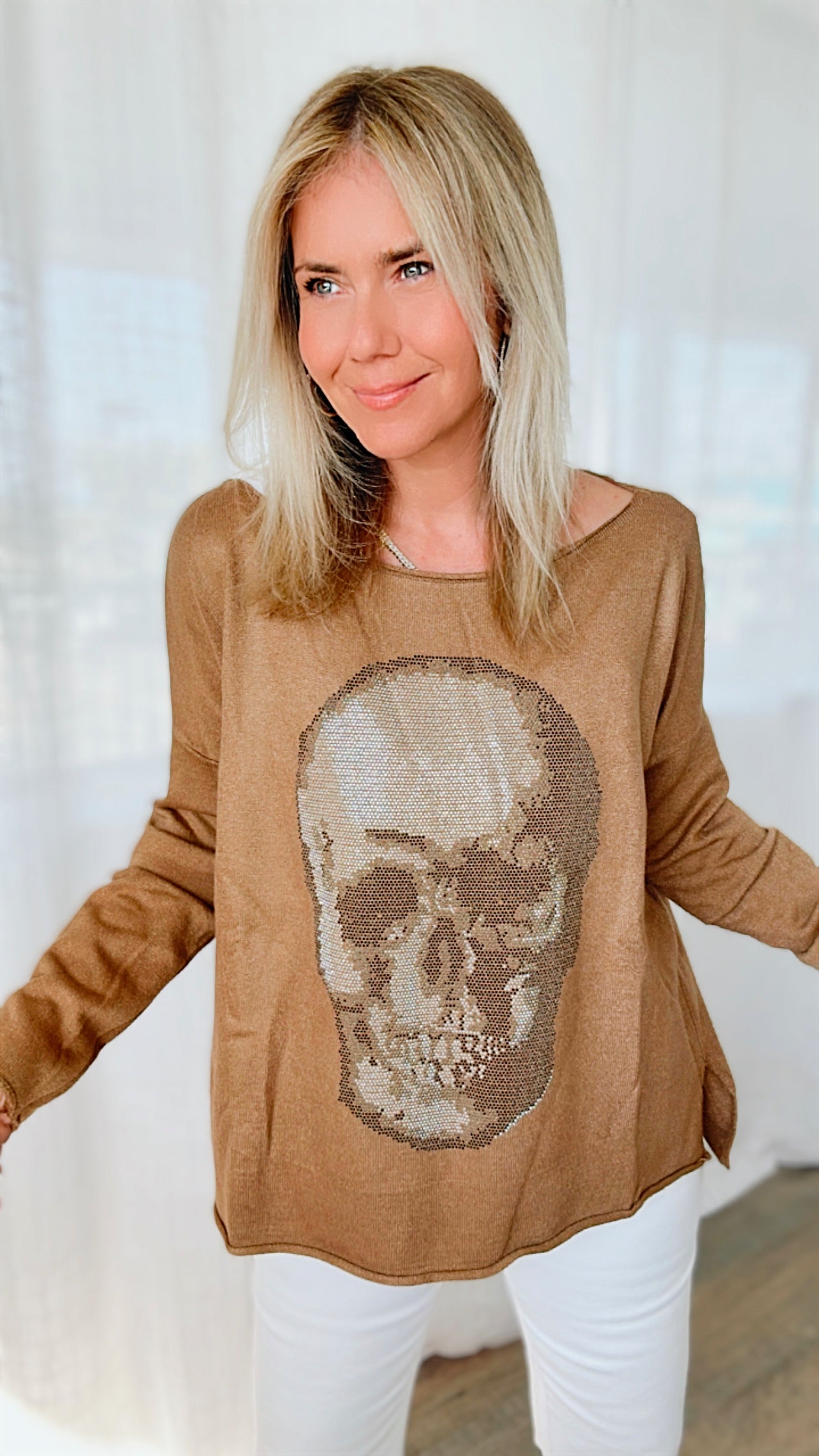 Italian Boatneck Skull Sweater Top - Camel-140 Sweaters-Venti6-Coastal Bloom Boutique, find the trendiest versions of the popular styles and looks Located in Indialantic, FL